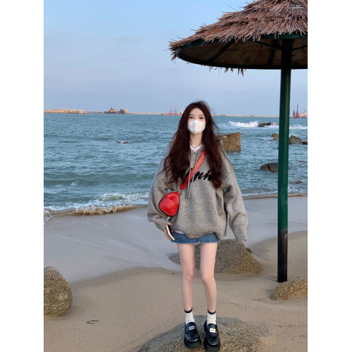 灰色連帽針織衫衛衣女秋季美式復古寬松慵懶風中長款毛衣外套上衣