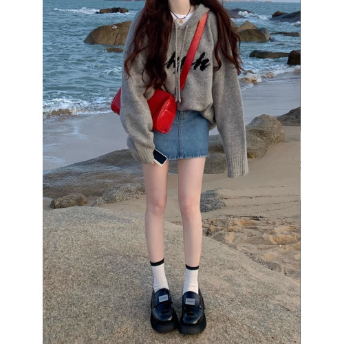 灰色連帽針織衫衛衣女秋季美式復古寬松慵懶風中長款毛衣外套上衣