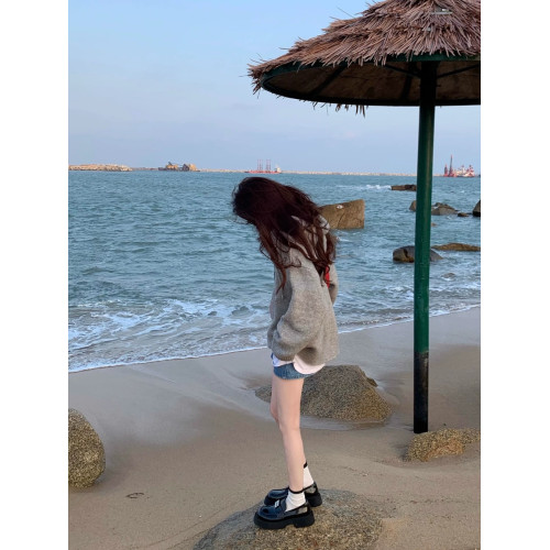 灰色連帽針織衫衛衣女秋季美式復古寬松慵懶風中長款毛衣外套上衣