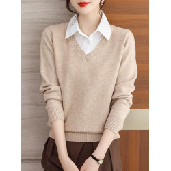 2025年新款秋冬拼接襯衫領上衣假兩件女針織衫寬松百搭打底女毛衣