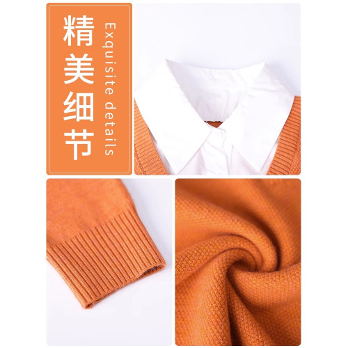 2025年新款秋冬拼接襯衫領上衣假兩件女針織衫寬松百搭打底女毛衣