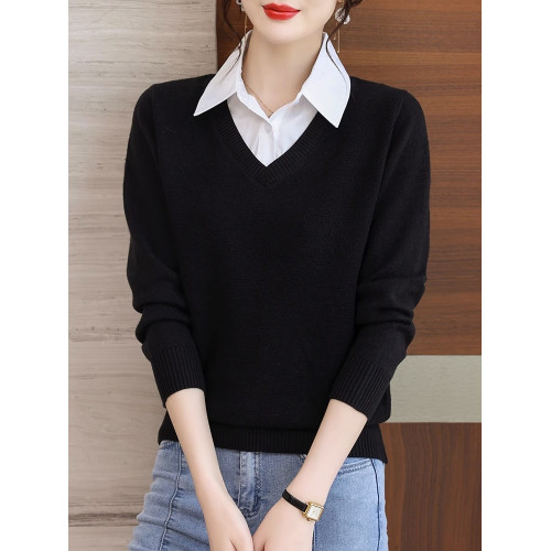 2025年新款秋冬拼接襯衫領上衣假兩件女針織衫寬松百搭打底女毛衣