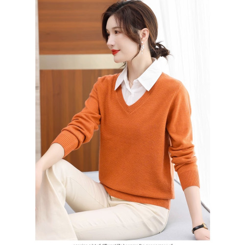 2025年新款秋冬拼接襯衫領上衣假兩件女針織衫寬松百搭打底女毛衣