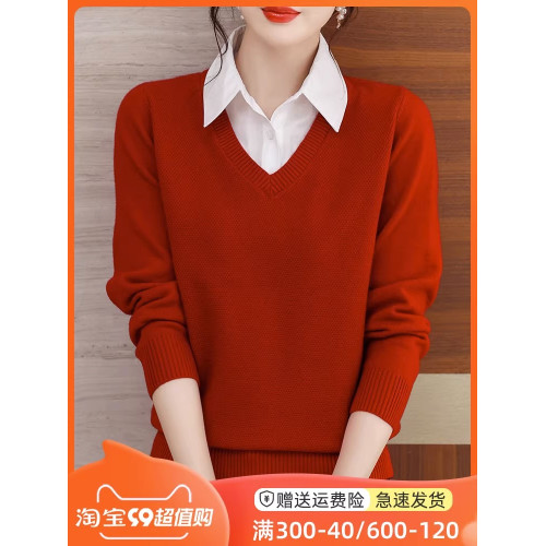 2025年新款秋冬拼接襯衫領上衣假兩件女針織衫寬松百搭打底女毛衣