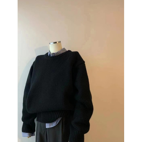 黑色慵懶風軟糯套頭毛衣女秋冬內搭高級感韓系寬松針織打底上衣厚