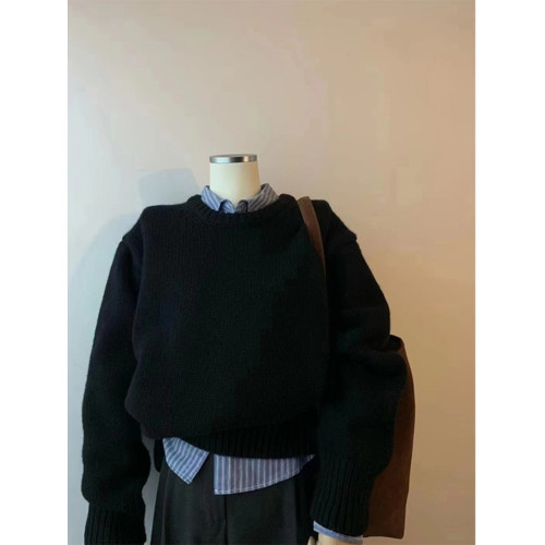 黑色慵懶風軟糯套頭毛衣女秋冬內搭高級感韓系寬松針織打底上衣厚