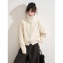 白色高領雙拉鍊針織毛衣外套女秋冬冬季短款立領加厚打底開衫上衣