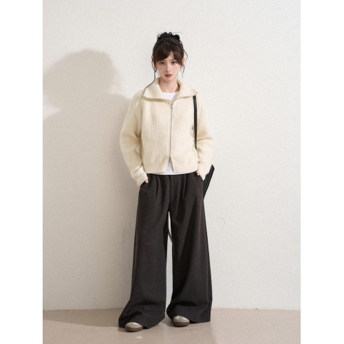 白色高領雙拉鍊針織毛衣外套女秋冬冬季短款立領加厚打底開衫上衣