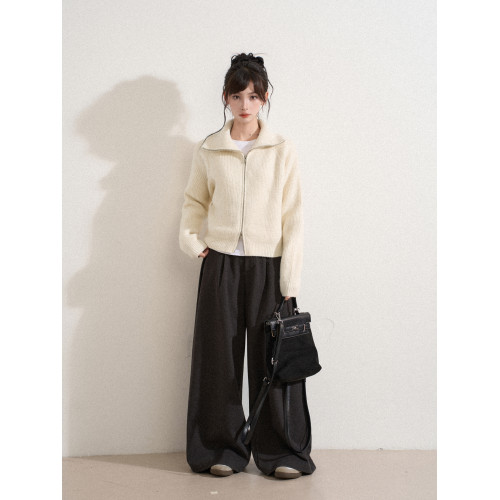 白色高領雙拉鍊針織毛衣外套女秋冬冬季短款立領加厚打底開衫上衣