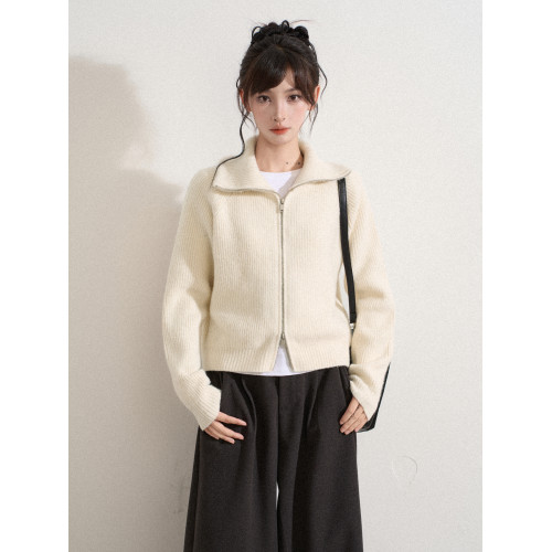 白色高領雙拉鍊針織毛衣外套女秋冬冬季短款立領加厚打底開衫上衣