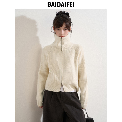 白色高領雙拉鍊針織毛衣外套女秋冬冬季短款立領加厚打底開衫上衣