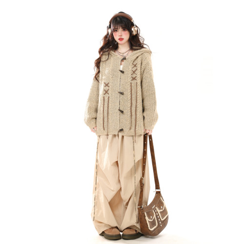 ENJOG 美式牛角釦開衫毛衣女秋冬美拉德慵懶風寬松小衆兔耳朵外套