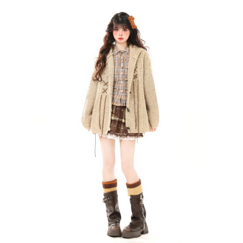 ENJOG 美式牛角釦開衫毛衣女秋冬美拉德慵懶風寬松小衆兔耳朵外套