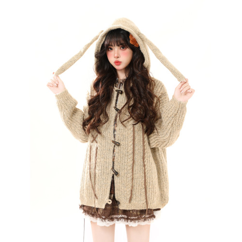 ENJOG 美式牛角釦開衫毛衣女秋冬美拉德慵懶風寬松小衆兔耳朵外套