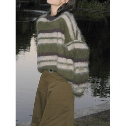 復古慵懶風綠色條紋馬海毛毛衣女寬松加厚中長款水貂絨針織衫秋冬