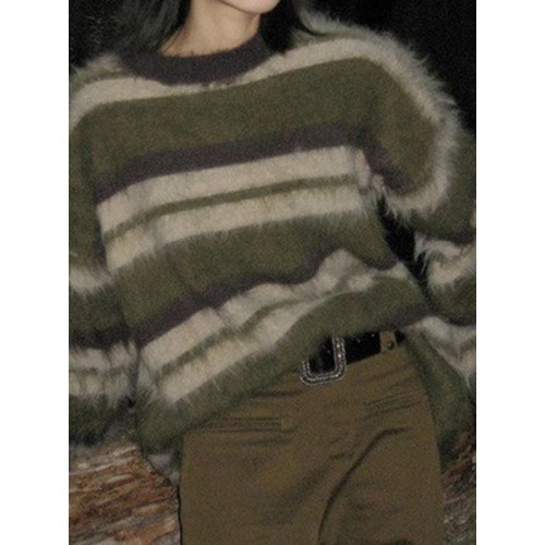 復古慵懶風綠色條紋馬海毛毛衣女寬松加厚中長款水貂絨針織衫秋冬