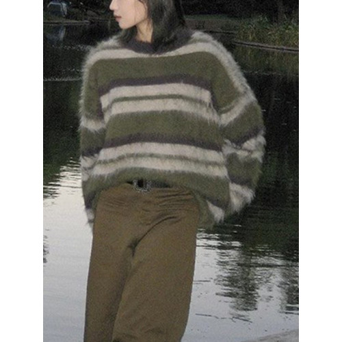 復古慵懶風綠色條紋馬海毛毛衣女寬松加厚中長款水貂絨針織衫秋冬