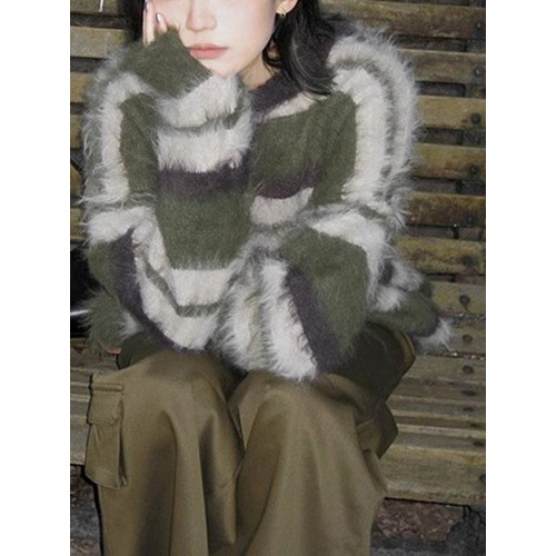 復古慵懶風綠色條紋馬海毛毛衣女寬松加厚中長款水貂絨針織衫秋冬