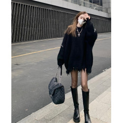 破洞流蘇加厚毛衣女2023秋冬新款寬松中長款針織衫設計感小衆上衣