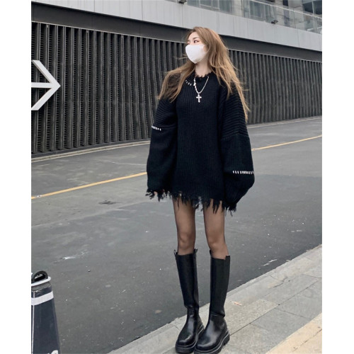 破洞流蘇加厚毛衣女2023秋冬新款寬松中長款針織衫設計感小衆上衣