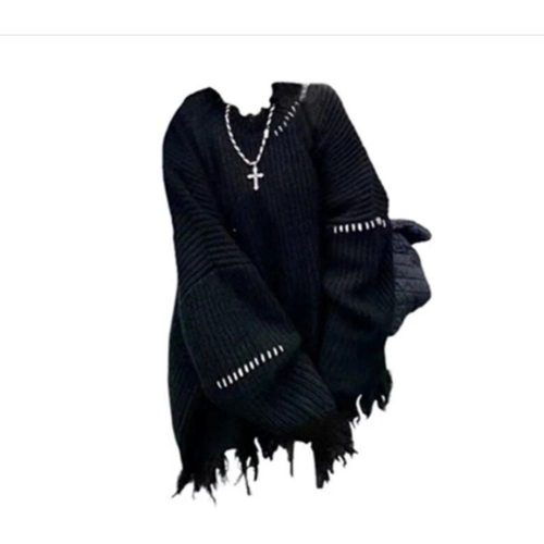 破洞流蘇加厚毛衣女2023秋冬新款寬松中長款針織衫設計感小衆上衣