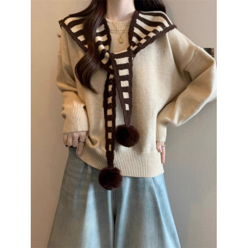 假兩件條紋披肩針織衫安可拉紅色毛衣女秋冬款大碼胖mm海軍領上衣