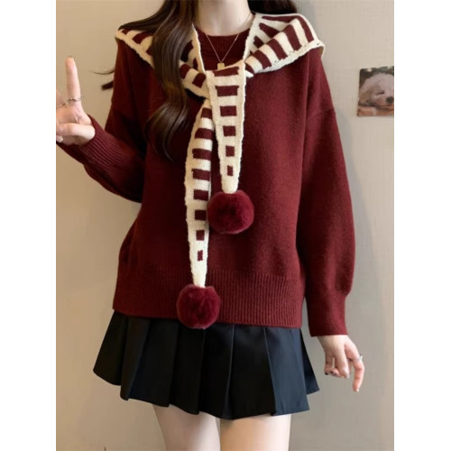 假兩件條紋披肩針織衫安可拉紅色毛衣女秋冬款大碼胖mm海軍領上衣