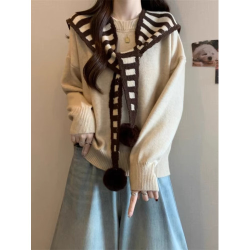 假兩件條紋披肩針織衫安可拉紅色毛衣女秋冬款大碼胖mm海軍領上衣