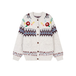 馨幫幫 慵嬾松弛感費爾島毛衣外套女秋冬季手工鉤花加厚針織開衫