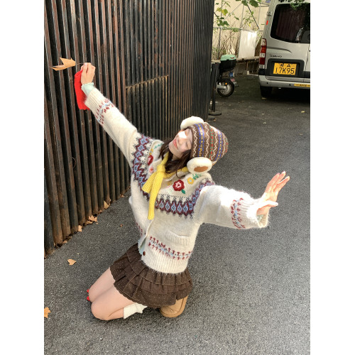 馨幫幫 慵嬾松弛感費爾島毛衣外套女秋冬季手工鉤花加厚針織開衫