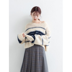 大人氣 k 秋冬新款  含羊毛  條紋寬松圓領長袖針織開衫毛衣女