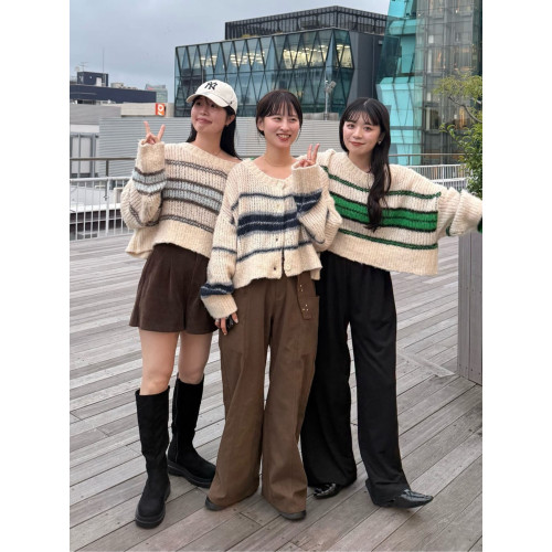 大人氣 k 秋冬新款  含羊毛  條紋寬松圓領長袖針織開衫毛衣女