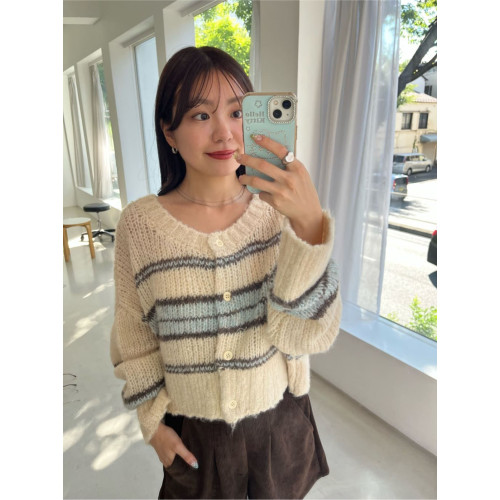 大人氣 k 秋冬新款  含羊毛  條紋寬松圓領長袖針織開衫毛衣女