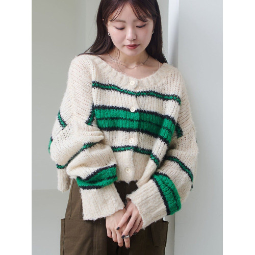 大人氣 k 秋冬新款  含羊毛  條紋寬松圓領長袖針織開衫毛衣女