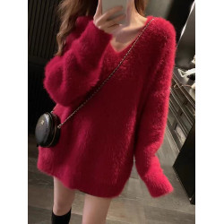 黑色軟糯水貂絨毛衣女秋冬高級感超好看V領寬松內搭打底上衣加厚