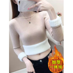 一體絨加絨毛衣女加厚秋冬修身長袖半高領打底針織衫內搭保暖上衣