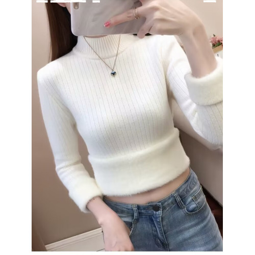 一體絨加絨毛衣女加厚秋冬修身長袖半高領打底針織衫內搭保暖上衣