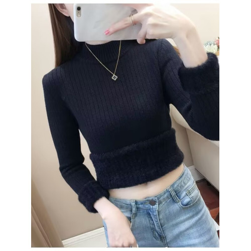 一體絨加絨毛衣女加厚秋冬修身長袖半高領打底針織衫內搭保暖上衣