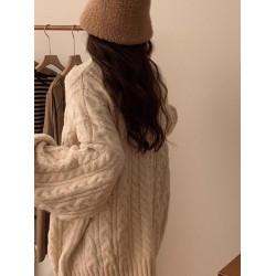 加厚高級感圓領麻花毛衣女秋冬寬松外穿軟糯復古燈籠袖針織慵懶風