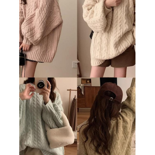 加厚高級感圓領麻花毛衣女秋冬寬松外穿軟糯復古燈籠袖針織慵懶風