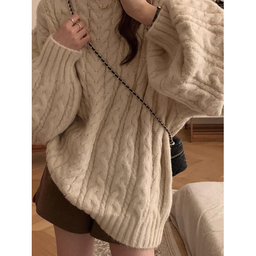 加厚高級感圓領麻花毛衣女秋冬寬松外穿軟糯復古燈籠袖針織慵懶風