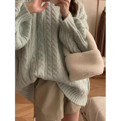 加厚高級感圓領麻花毛衣女秋冬寬松外穿軟糯復古燈籠袖針織慵懶風