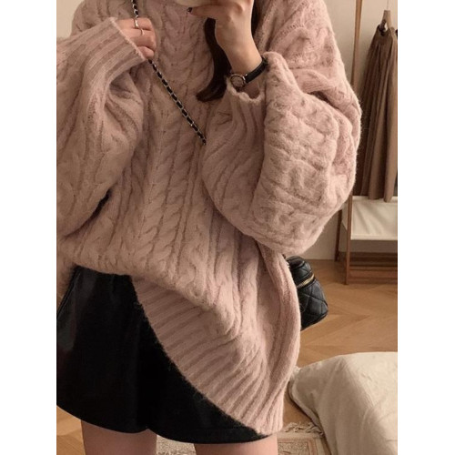 加厚高級感圓領麻花毛衣女秋冬寬松外穿軟糯復古燈籠袖針織慵懶風