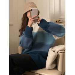 漸變色中長款毛衣女秋冬季設計感小衆寬松慵懶風軟糯針織上衣加厚