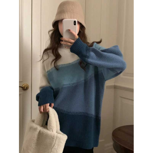 漸變色中長款毛衣女秋冬季設計感小衆寬松慵懶風軟糯針織上衣加厚