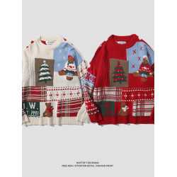 紅色過年聖誕節毛衣男女秋冬季潮流復古小熊慵懶風情侶圓領針織衫