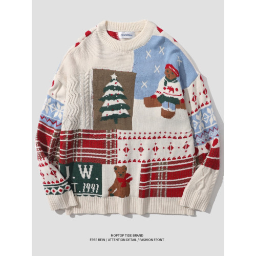 紅色過年聖誕節毛衣男女秋冬季潮流復古小熊慵懶風情侶圓領針織衫