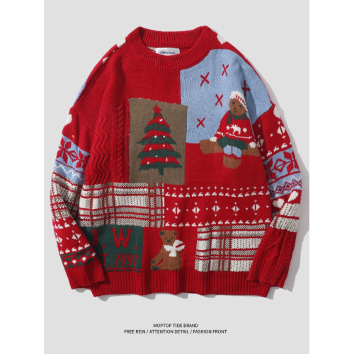 紅色過年聖誕節毛衣男女秋冬季潮流復古小熊慵懶風情侶圓領針織衫