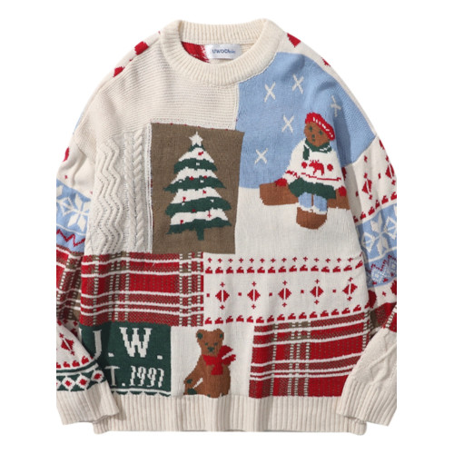 紅色過年聖誕節毛衣男女秋冬季潮流復古小熊慵懶風情侶圓領針織衫