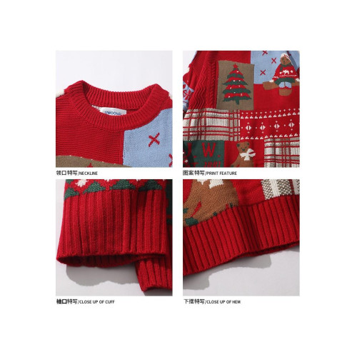 紅色過年聖誕節毛衣男女秋冬季潮流復古小熊慵懶風情侶圓領針織衫